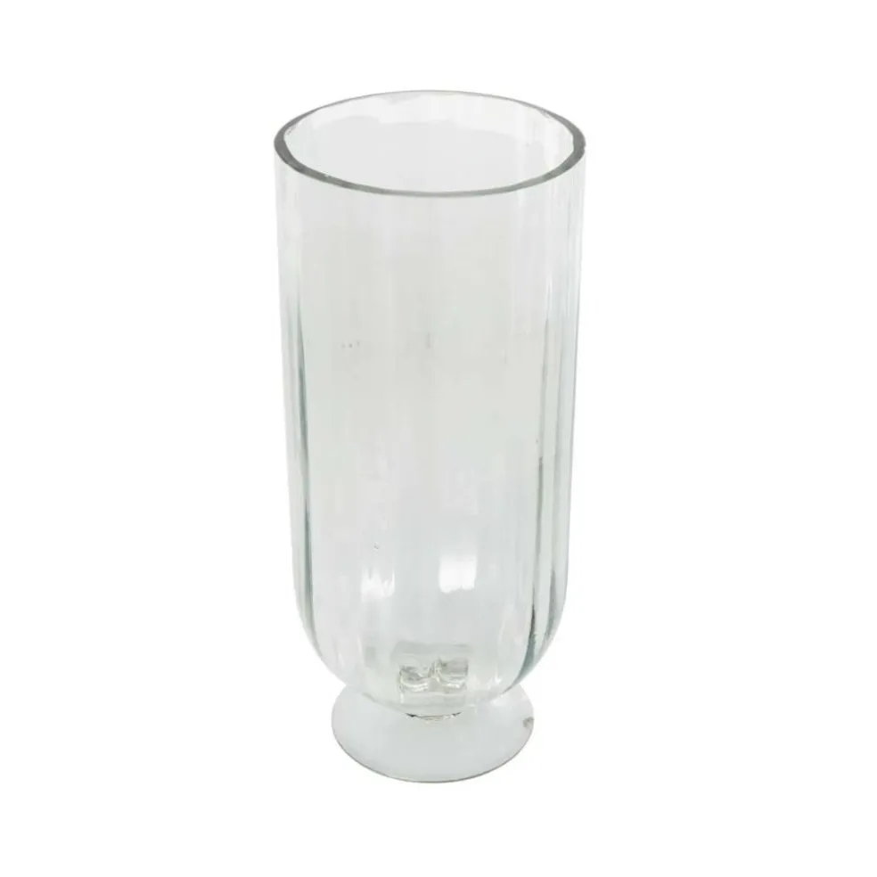 Clear Glass Ribbed Fluted Decorative Candle Holder with Elevated Base