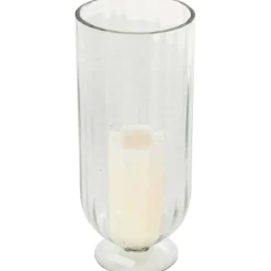 Clear Glass Ribbed Fluted Decorative Candle Holder with Elevated Base