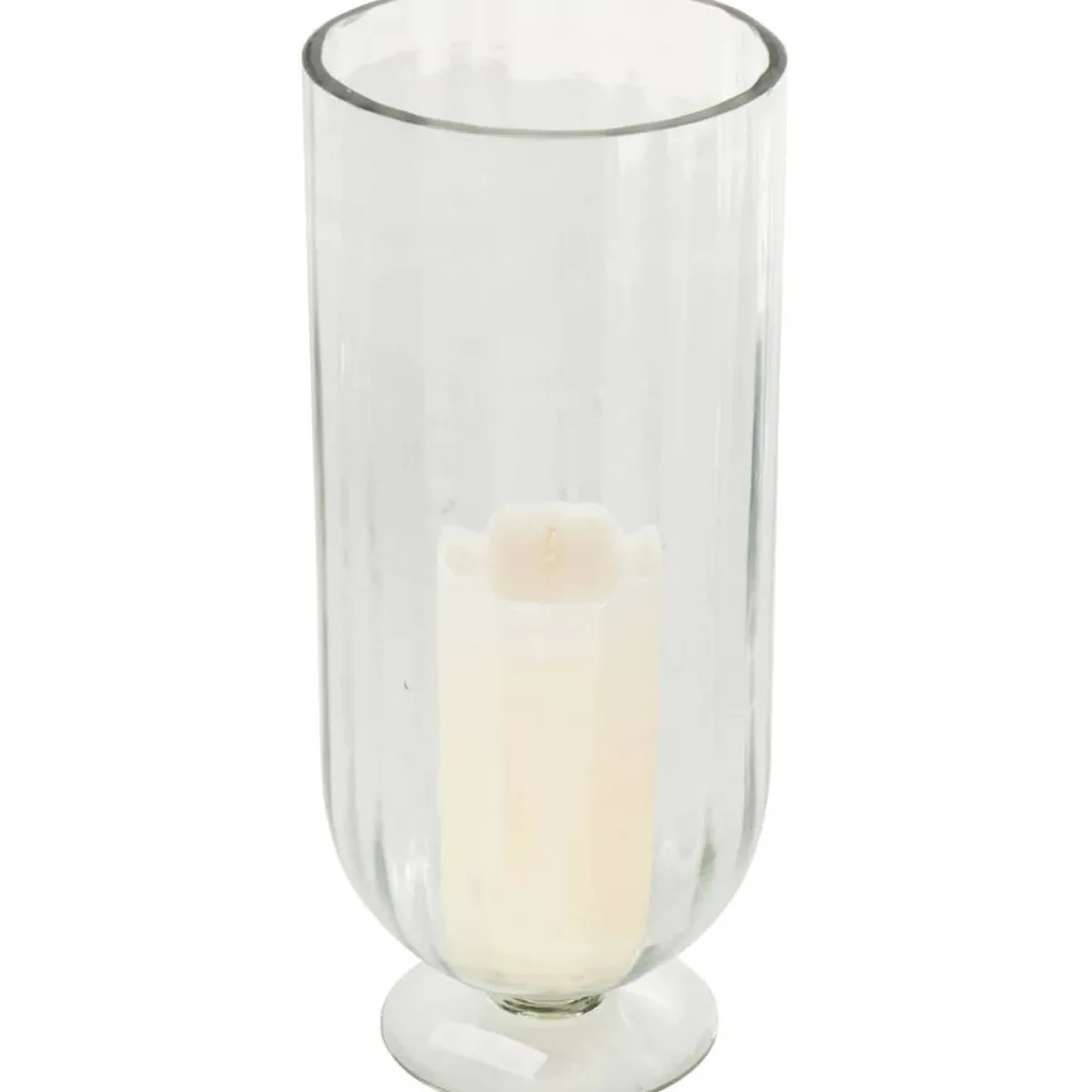 Clear Glass Ribbed Fluted Decorative Candle Holder with Elevated Base