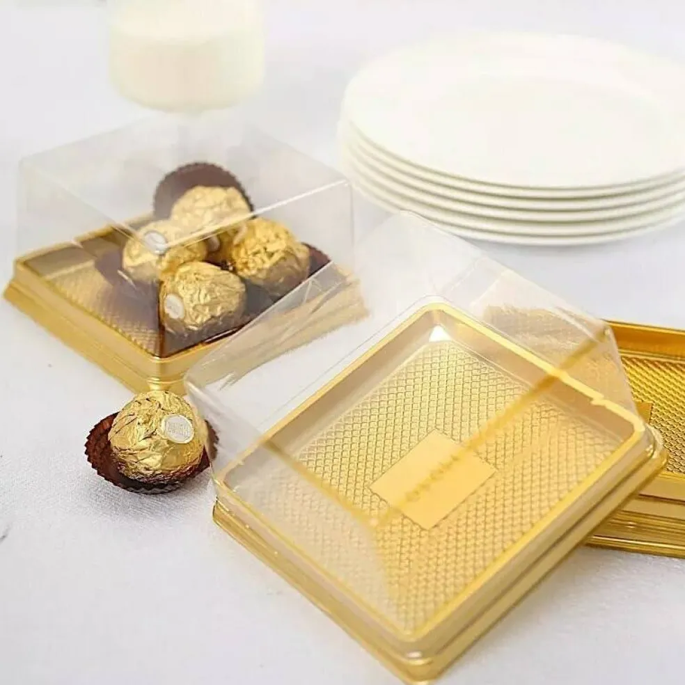 Clear Gold 50 Square 4" Plastic Mini Dessert Favor Boxes Cupcake Holders Party