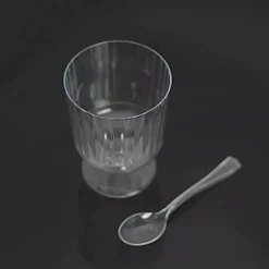 24 Clear 5 oz Ribbed Round Plastic Dessert Cups Spoons Set Party Events Supplies