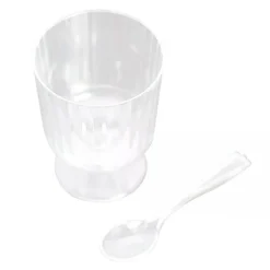 24 Clear 5 oz Ribbed Round Plastic Dessert Cups Spoons Set Party Events Supplies