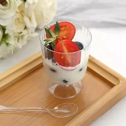 24 Clear 5 oz Ribbed Round Plastic Dessert Cups Spoons Set Party Events Supplies