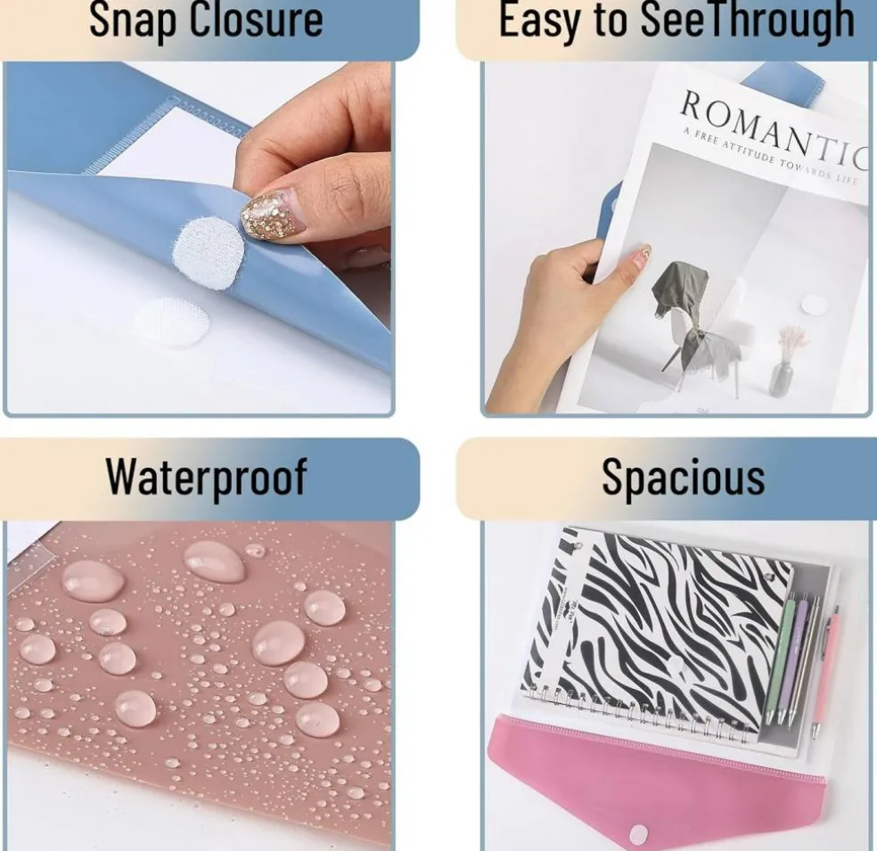 Clear Plastic Envelopes with Snap Closure (Multiple Colors) 10 Pack A4