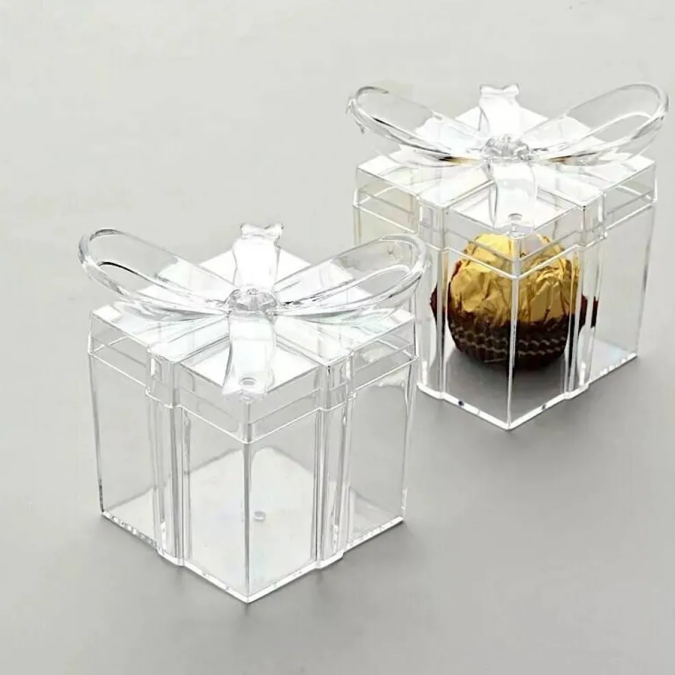 12 Clear 3" Square Bow Top Design Favor Boxes Gift Holders Party Decorations