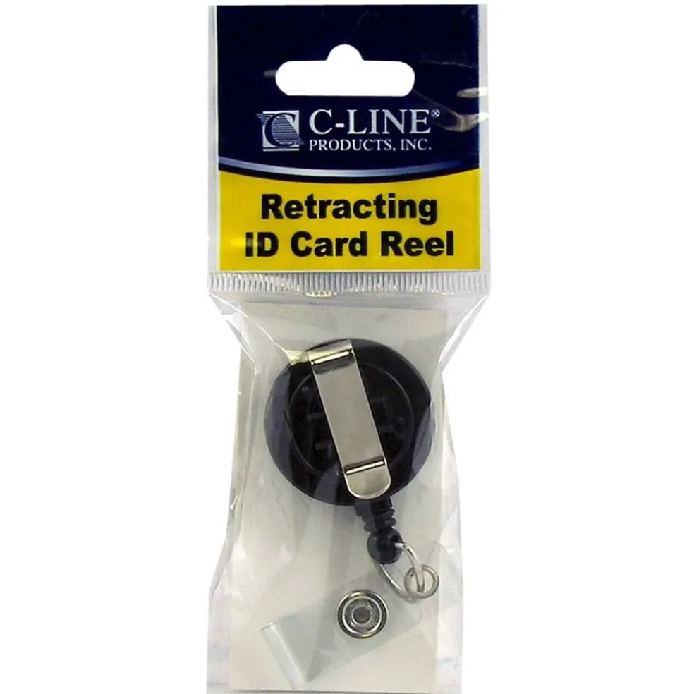 C-Line® Retracting ID Card Reels, Black, Swiveling Spring Clip with Snap-on ID Strap, Pack of 12