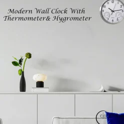 Clockswise Non-Ticking Quartz Wall Clock with Thermometer & Hygrometer - Battery Operated Aluminum Analog Clock for Temperature & Humidity Monitoring - Ideal for Home, Office or School, Silver