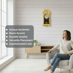Clockswise 20" Plastic Grandfather Clock Realistic Wood-Grain Finish with Swinging Pendulum and Chiming Sound Battery-Operated Decorative Wall Accent for Home Office Living Room Kitchen Hallway
