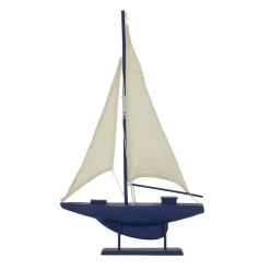 Coastal Dark Blue Wooden Sailboat Sculpture, 28
