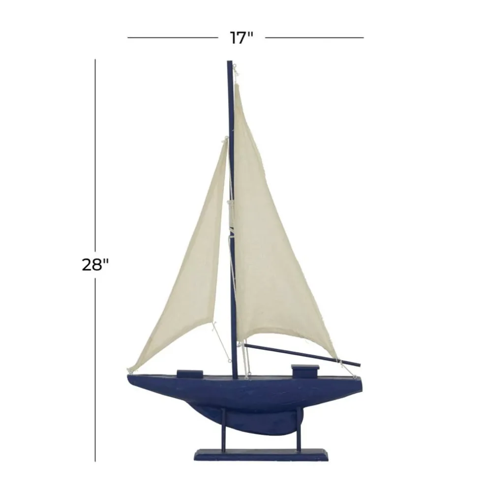 Coastal Dark Blue Wooden Sailboat Sculpture, 28" x 17" x 3"