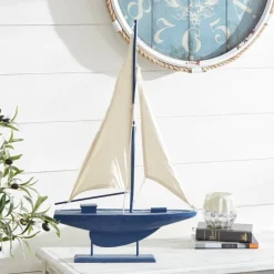 Coastal Dark Blue Wooden Sailboat Sculpture, 28