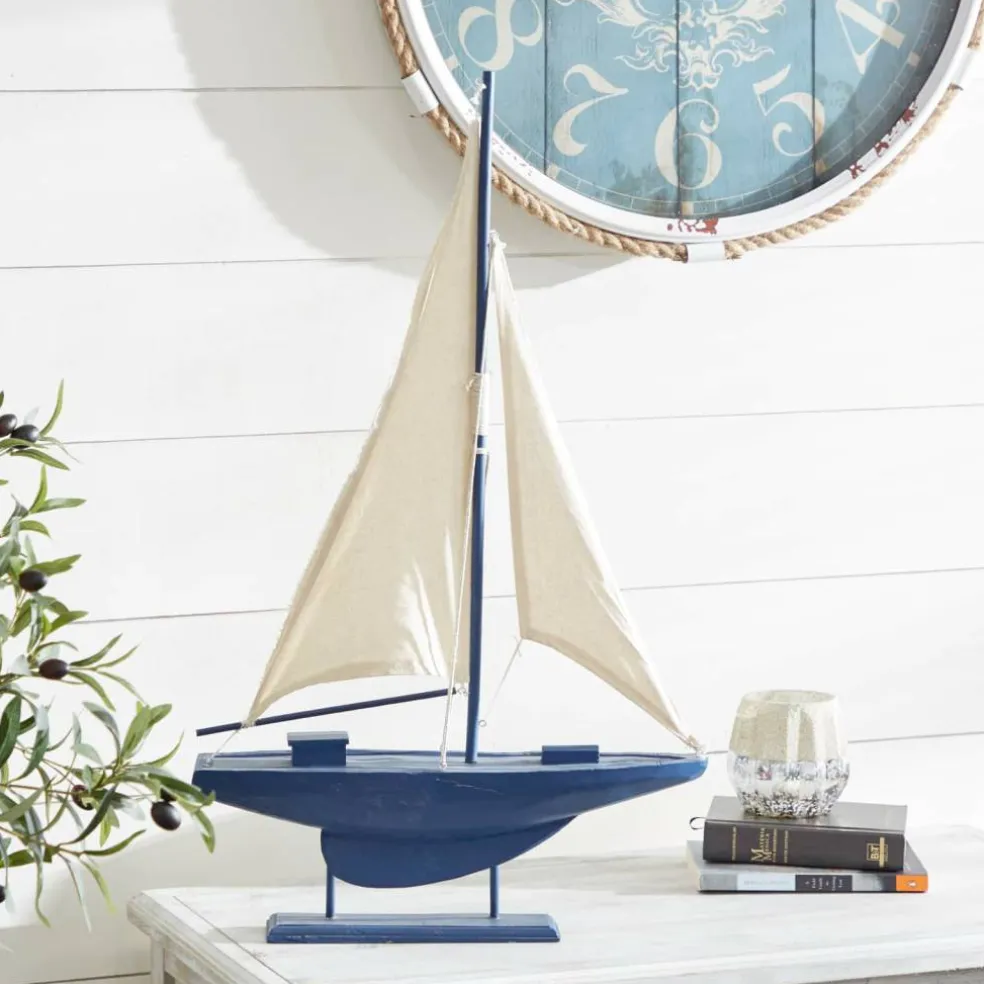 Coastal Dark Blue Wooden Sailboat Sculpture, 28" x 17" x 3"