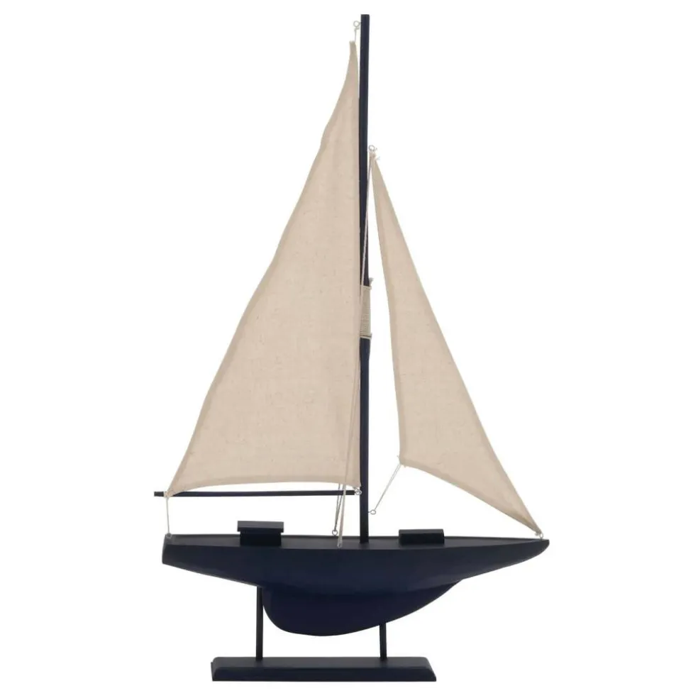Coastal Dark Blue Wooden Sailboat Sculpture, 28" x 17" x 3"