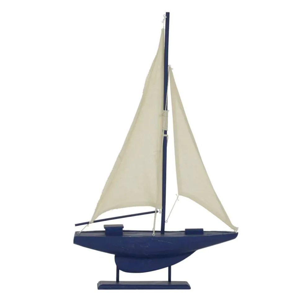 Coastal Dark Blue Wooden Sailboat Sculpture, 28" x 17" x 3"