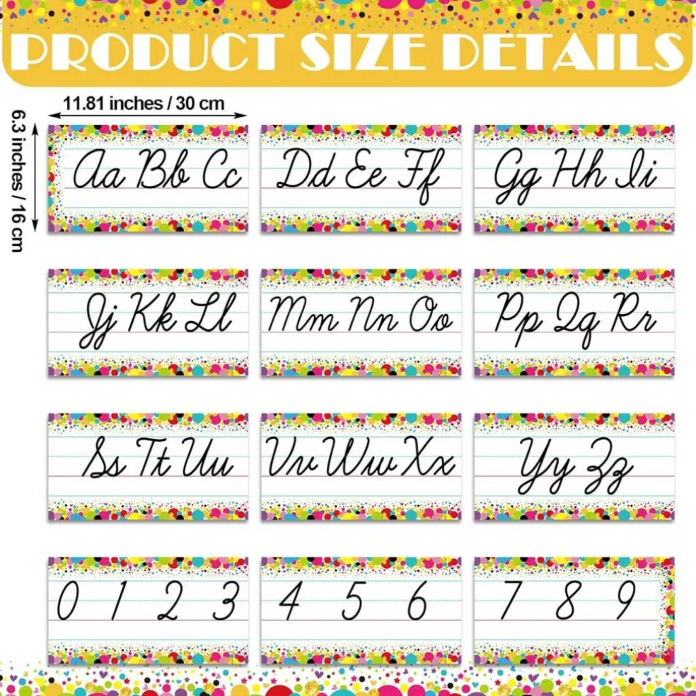 Colorful Confetti Cursive Alphabet Bulletin Board Set – ABC Letters & Numbers 0–9 Classroom Wall Decor Writing Reference for Preschool, Kindergarten & Primary School