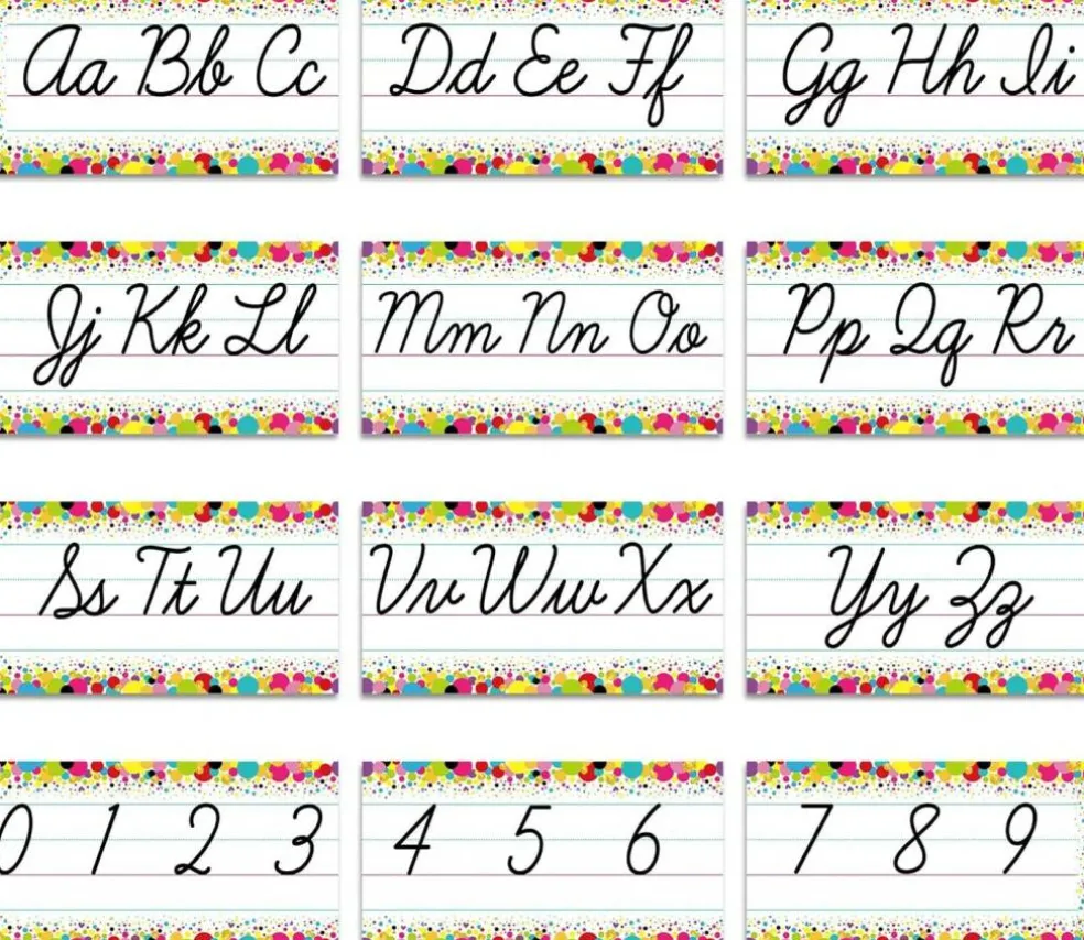 Colorful Confetti Cursive Alphabet Bulletin Board Set – ABC Letters & Numbers 0–9 Classroom Wall Decor Writing Reference for Preschool, Kindergarten & Primary School