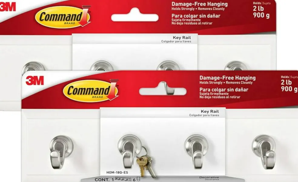 Command Key Rails, Total 2 Key Racks with 12 Command Strips, 2 Pack of 1 Rail, 4 Key Hooks on One Rail, Organize Damage-Free