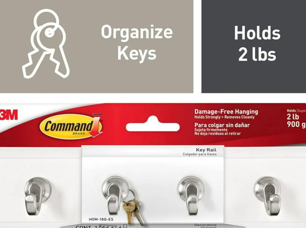 Command Key Rails, Total 2 Key Racks with 12 Command Strips, 2 Pack of 1 Rail, 4 Key Hooks on One Rail, Organize Damage-Free