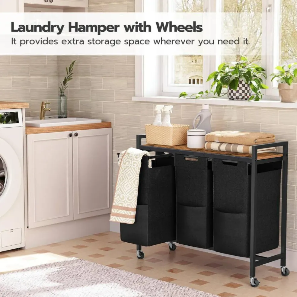 3-Compartment Laundry Sorter Cart 130L Rolling Hamper with Casters