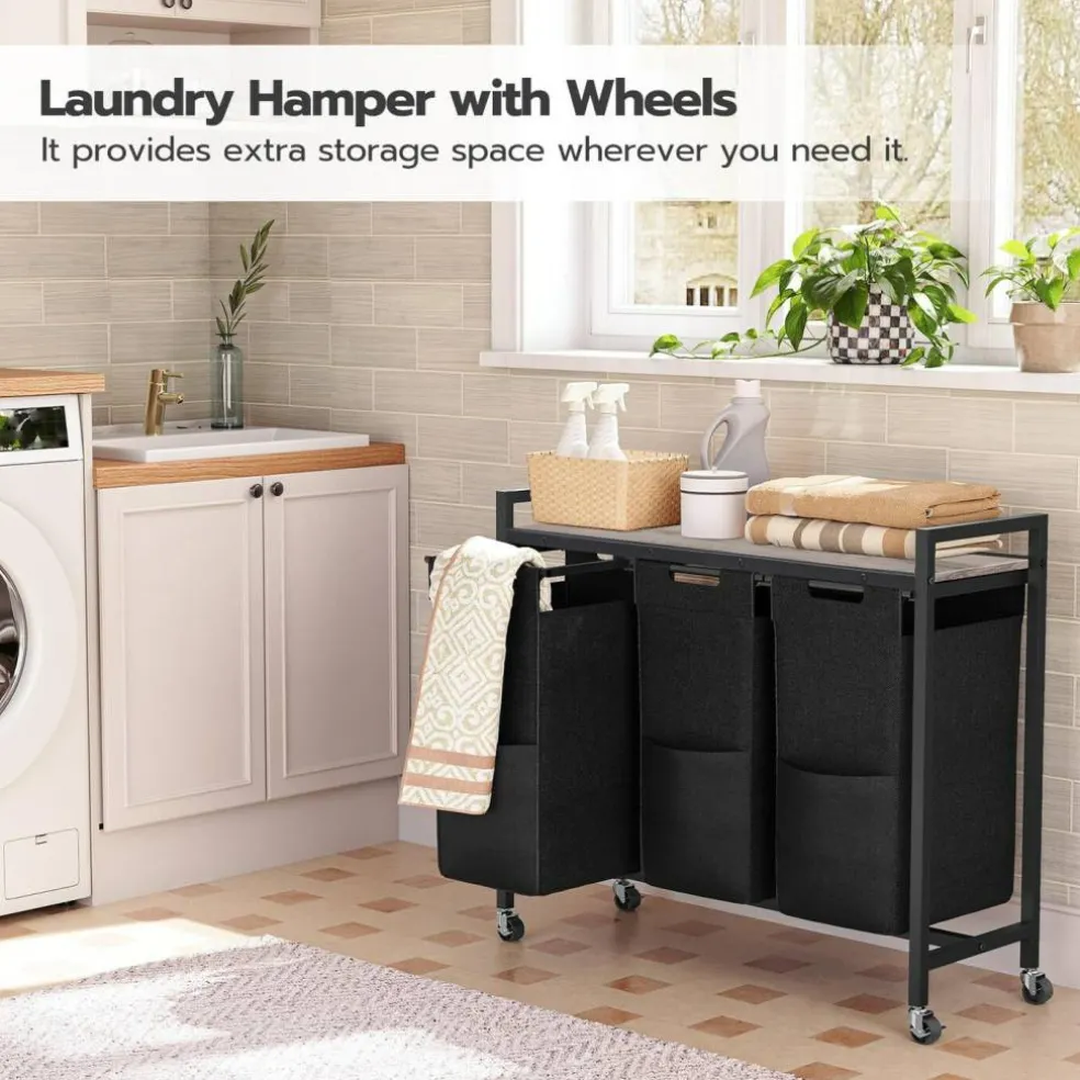 3-Compartment Laundry Sorter Cart 130L Rolling Hamper with Casters