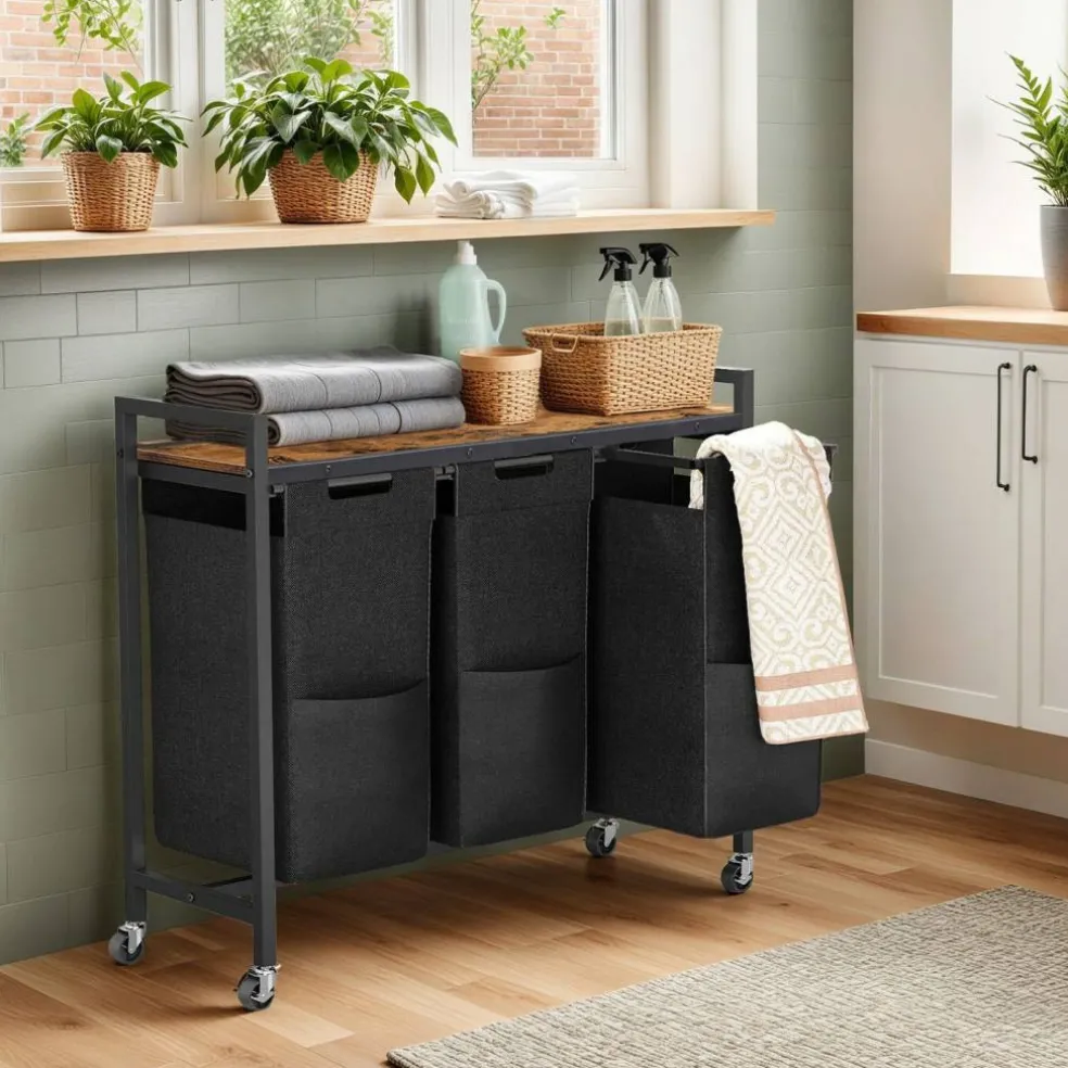 3-Compartment Laundry Sorter Cart 130L Rolling Hamper with Casters