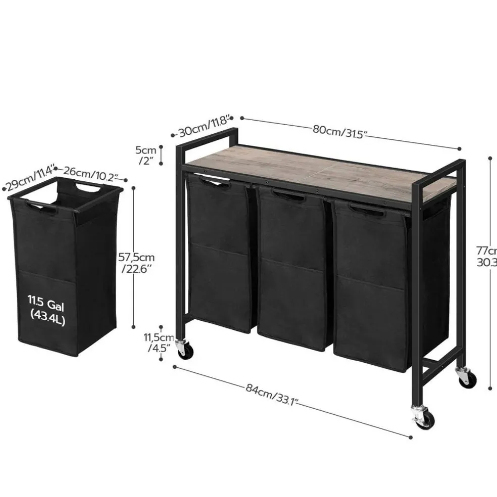 3-Compartment Laundry Sorter Cart 130L Rolling Hamper with Casters
