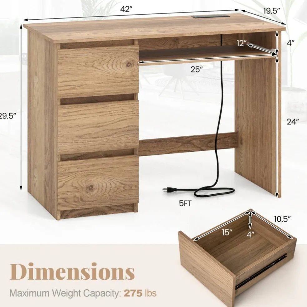 Computer Desk with Power Outlet Keyboard Tray and 3 Large Drawers