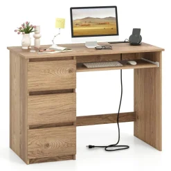 Computer Desk with Power Outlet Keyboard Tray and 3 Large Drawers