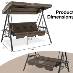 Convertible 3-Seat Patio Porch Swing Chair to Flat Bed with Adjustable Canopy - 80" x 51" x 67" (L x W x H)