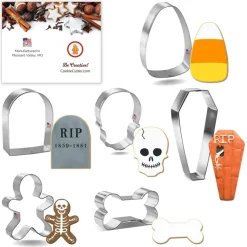 CookieCutter.com 6 Piece Halloween Spooky Graveyard Cookie Cutter Set Tombstone, Coffin, Skull, Candy Corn, Dog Bone, Skeleton, Metal Shapes Made in USA, Silver