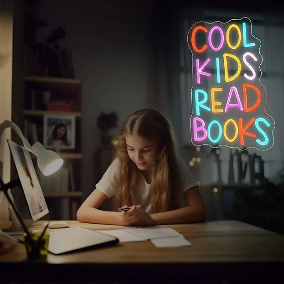 Cool Kids Read Books Neon Sign LED Wall Decor, Dimmable USB Library Reading Room Light Up Sign for Classroom Bedroom Study Corner Decor