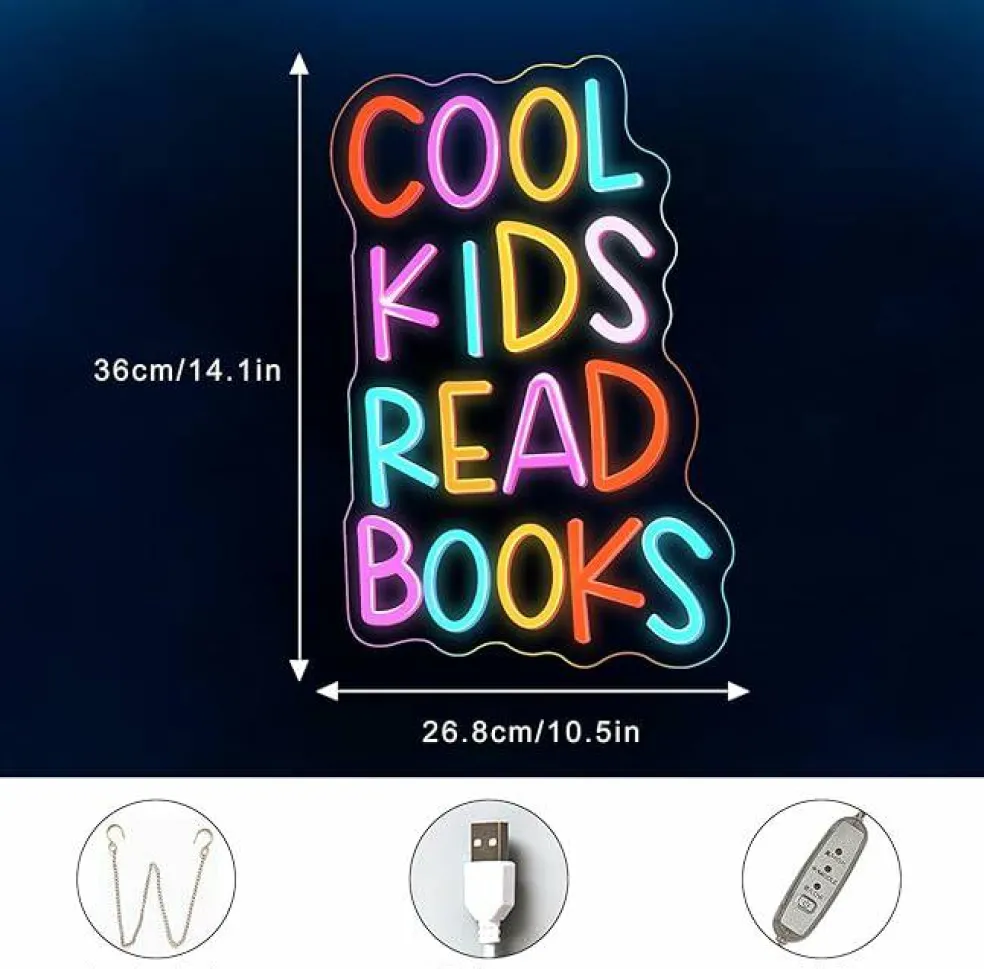 Cool Kids Read Books Neon Sign LED Wall Decor, Dimmable USB Library Reading Room Light Up Sign for Classroom Bedroom Study Corner Decor