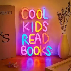 Cool Kids Read Books Neon Sign LED Wall Decor, Dimmable USB Library Reading Room Light Up Sign for Classroom Bedroom Study Corner Decor