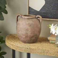 10.5" Copper Antique-Style Textured Ceramic Vase with Handles