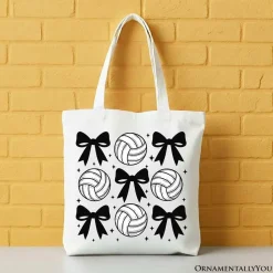 Coquette Volleyball Bows Canvas Tote Bag, Cute Athletic Sports Game Day Gift Shopper