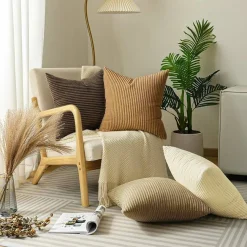 Corduroy Throw Pillow Covers 18x18, Set of 4 Multi-Color Matching Square Soft Throw Pillow Cases Modern Stripes Couch Pillows for Living Room Home Bedroom Sofa Car Office Decor, 45x45cm/Brown