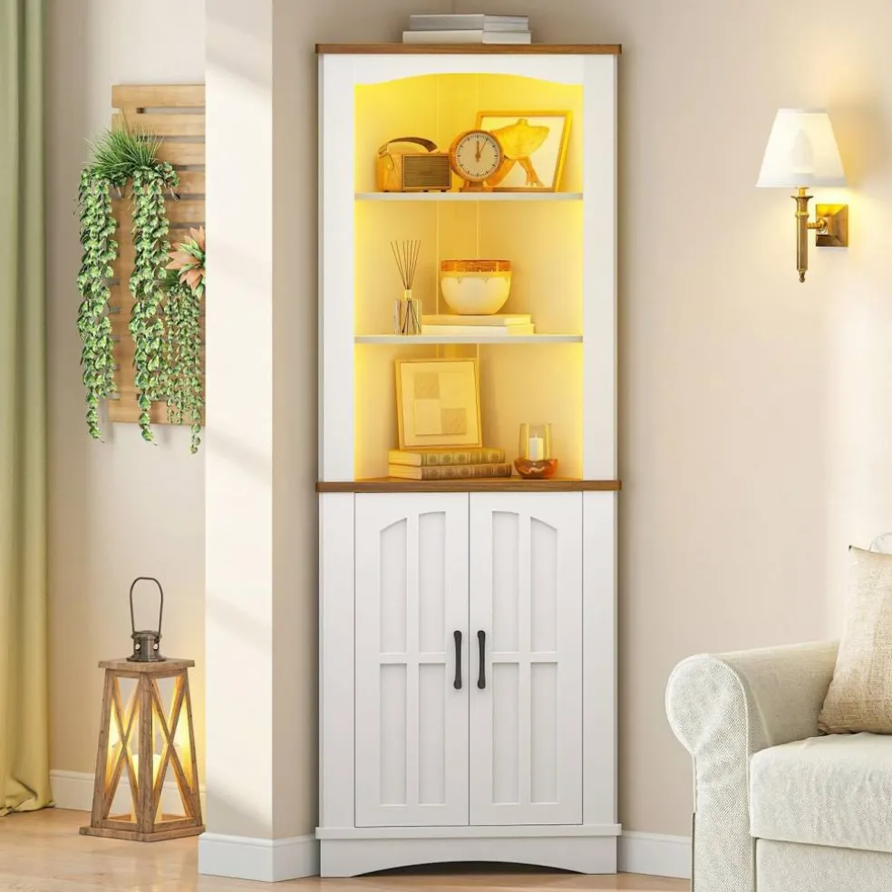 Corner Cabinet with LED Light Storage Farmhouse White Walnut
