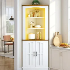 Corner Cabinet with LED Light Storage Farmhouse White Walnut