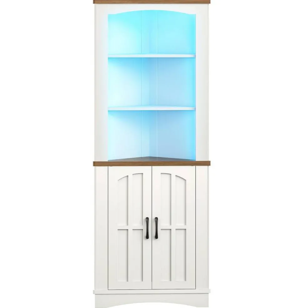Corner Cabinet with LED Light Storage Farmhouse White Walnut