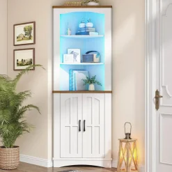 Corner Cabinet with LED Light Storage Farmhouse White Walnut