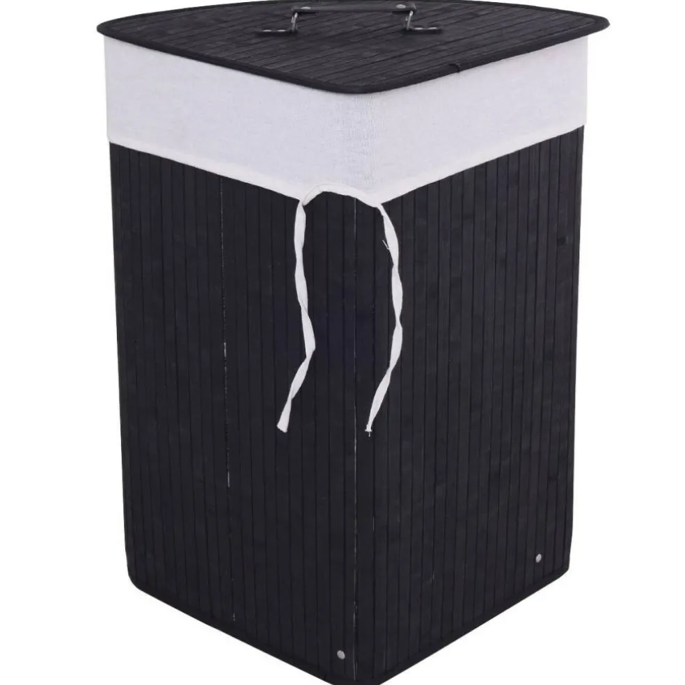 Corner Laundry Hamper Basket with Lid Removable Liner Wicker Black
