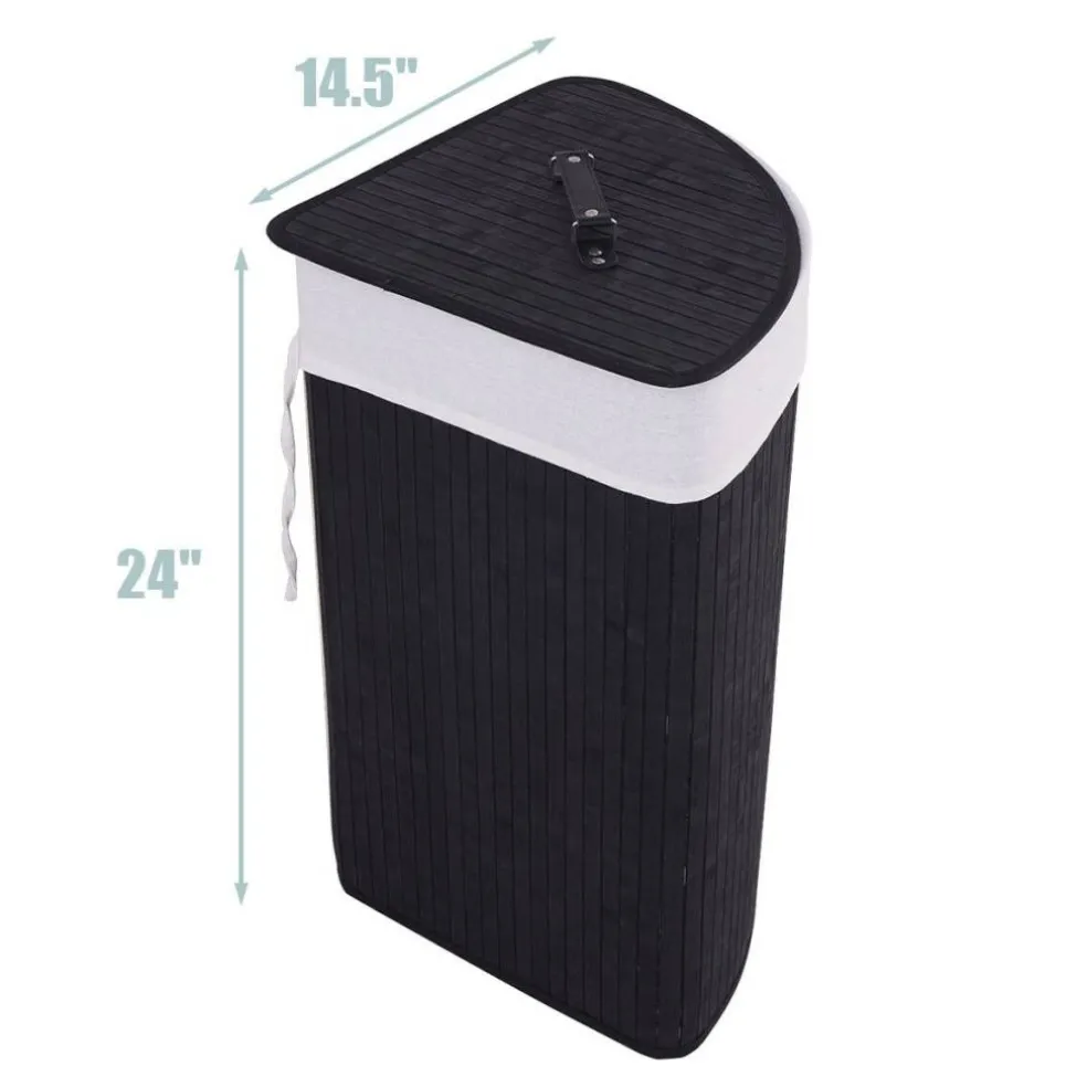 Corner Laundry Hamper Basket with Lid Removable Liner Wicker Black