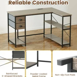Corner L-Shaped Computer Desk with Charging Station USB Type C and Outlets, Home Office Writing Table with Fabric Storage Drawers and Metal Frame Desk