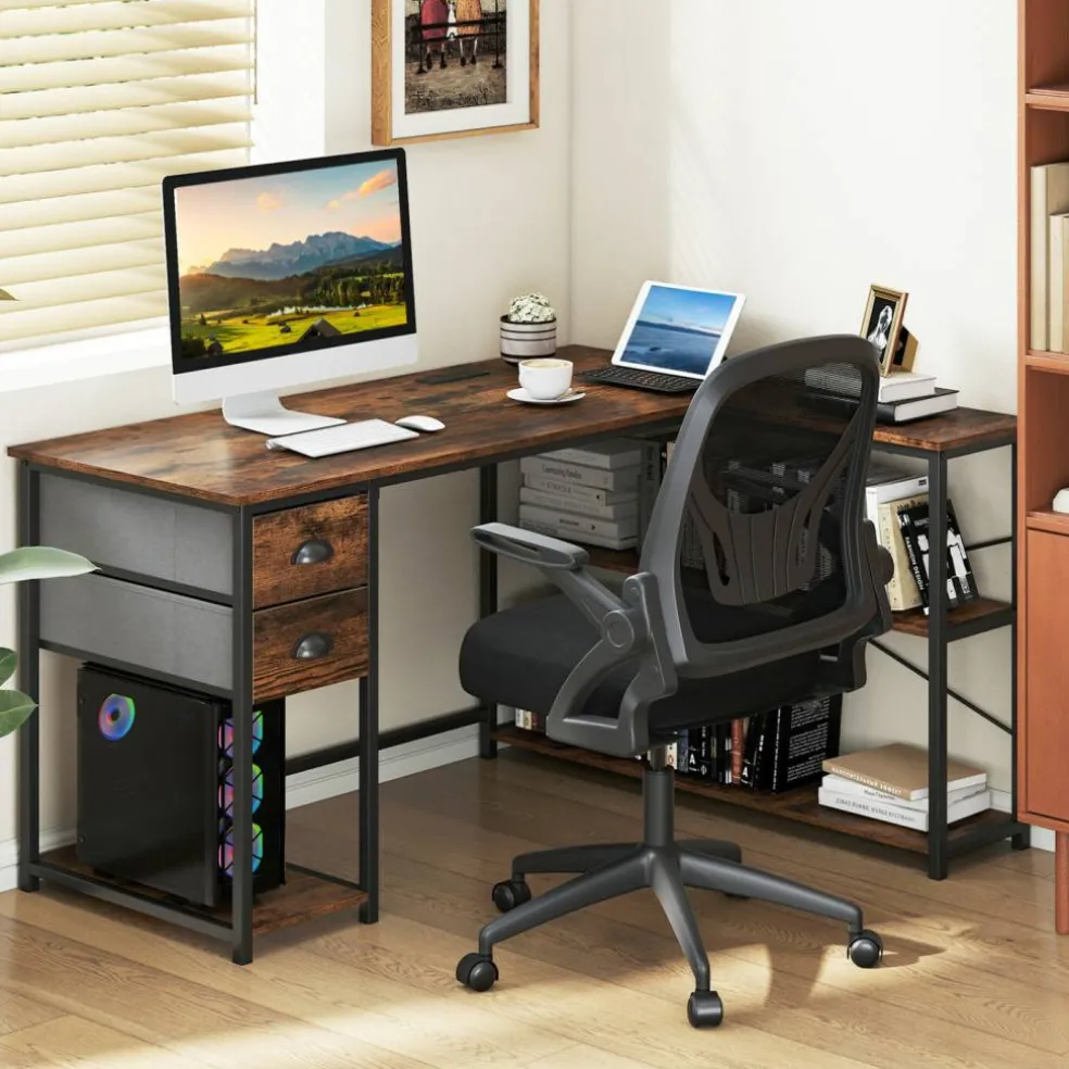 Corner L-Shaped Computer Desk with Charging Station USB Type C and Outlets, Home Office Writing Table with Fabric Storage Drawers and Metal Frame Desk