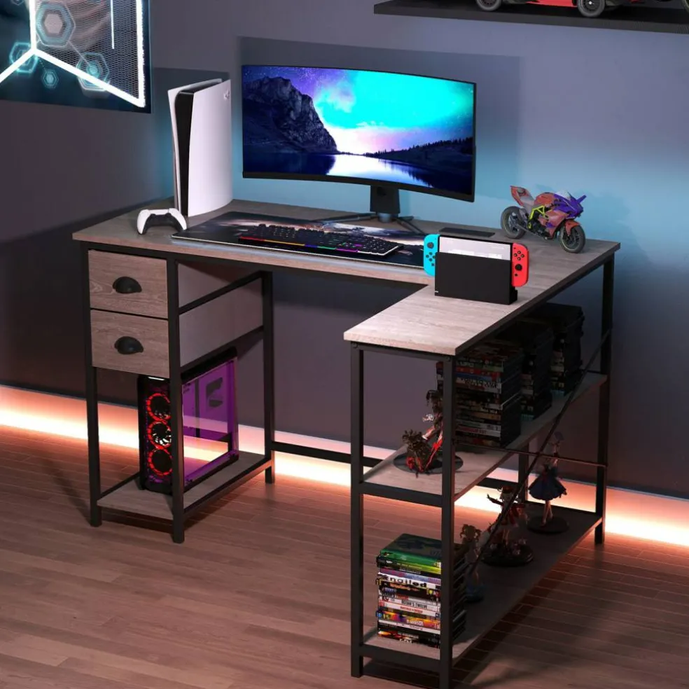 Corner L-Shaped Computer Desk with Charging Station USB Type C and Outlets, Home Office Writing Table with Fabric Storage Drawers and Metal Frame Desk