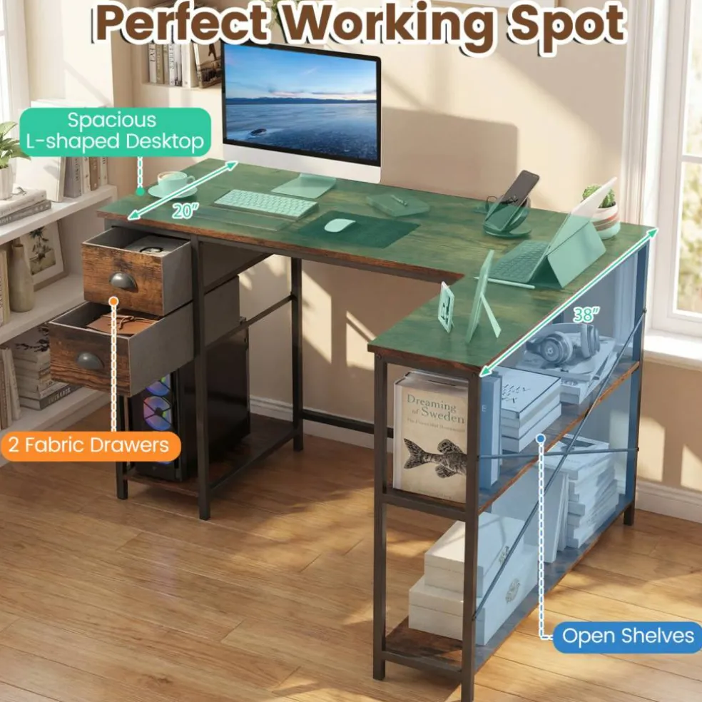 Corner L-Shaped Computer Desk with Charging Station USB Type C and Outlets, Home Office Writing Table with Fabric Storage Drawers and Metal Frame Desk