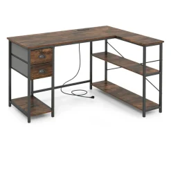 Corner L-Shaped Computer Desk with Charging Station USB Type C and Outlets, Home Office Writing Table with Fabric Storage Drawers and Metal Frame Desk