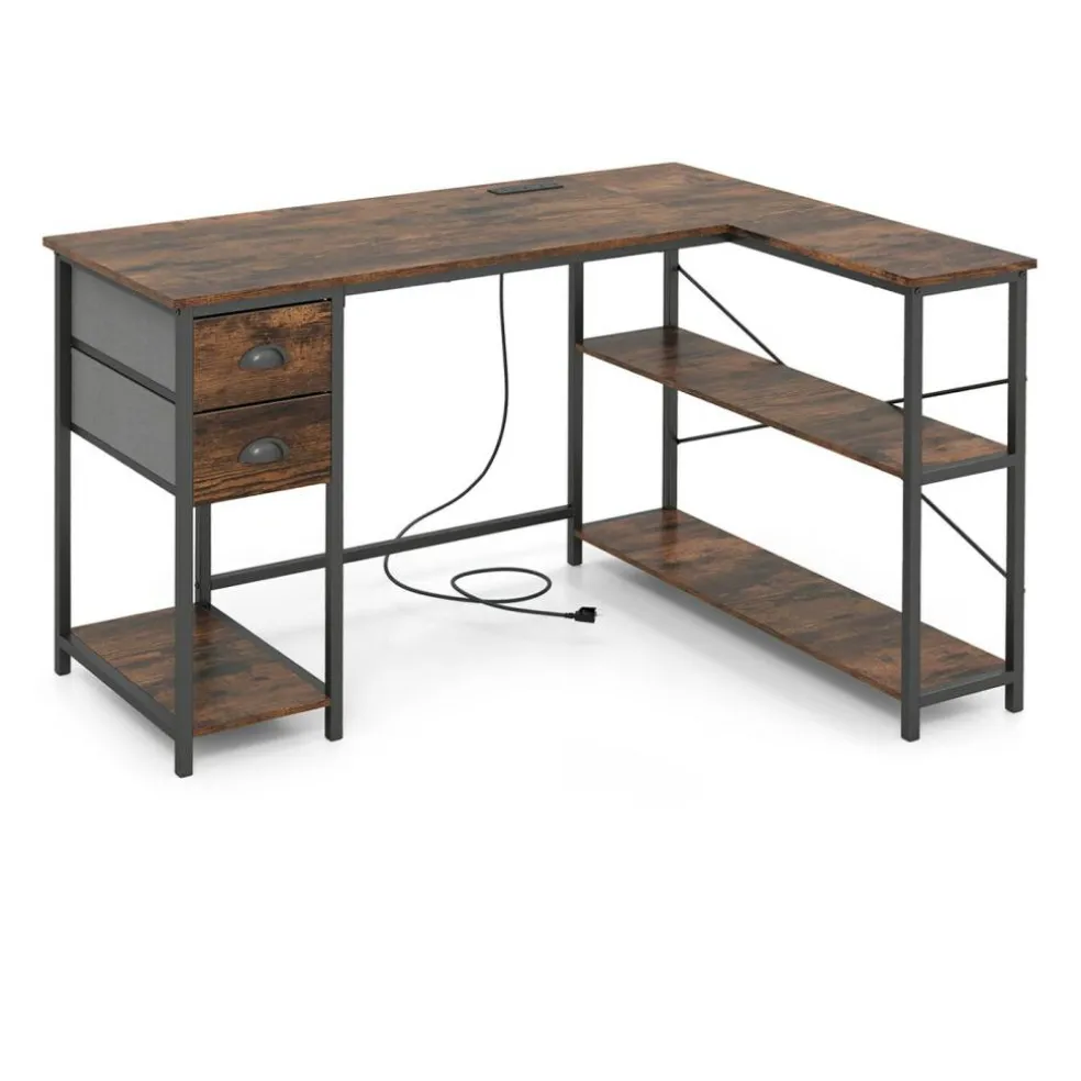Corner L-Shaped Computer Desk with Charging Station USB Type C and Outlets, Home Office Writing Table with Fabric Storage Drawers and Metal Frame Desk