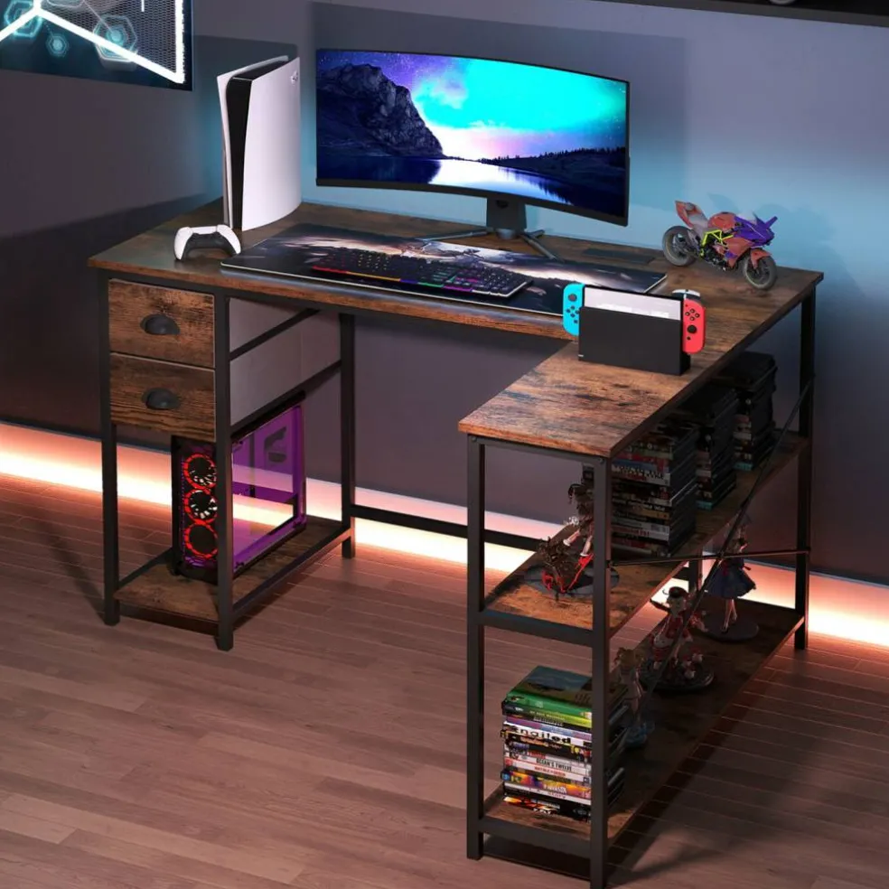 Corner L-Shaped Computer Desk with Charging Station USB Type C and Outlets, Home Office Writing Table with Fabric Storage Drawers and Metal Frame Desk