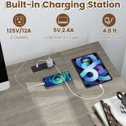 Corner L-Shaped Computer Desk with Charging Station USB Type C and Outlets, Home Office Writing Table with Fabric Storage Drawers and Metal Frame Desk